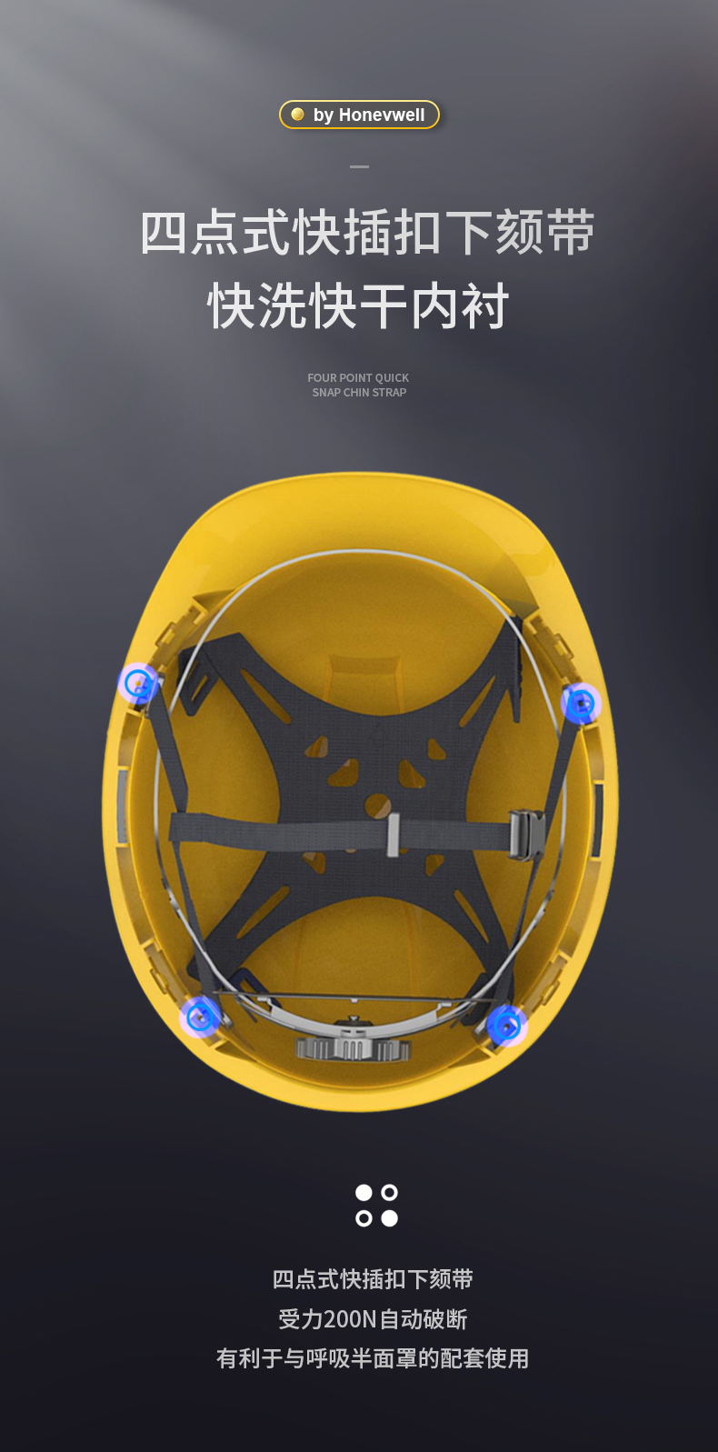 Honeywell霍尼韋爾Y99BNP102S Y99S系列ABS不帶通風(fēng)孔四鍵快插下頦帶黃色安全帽5