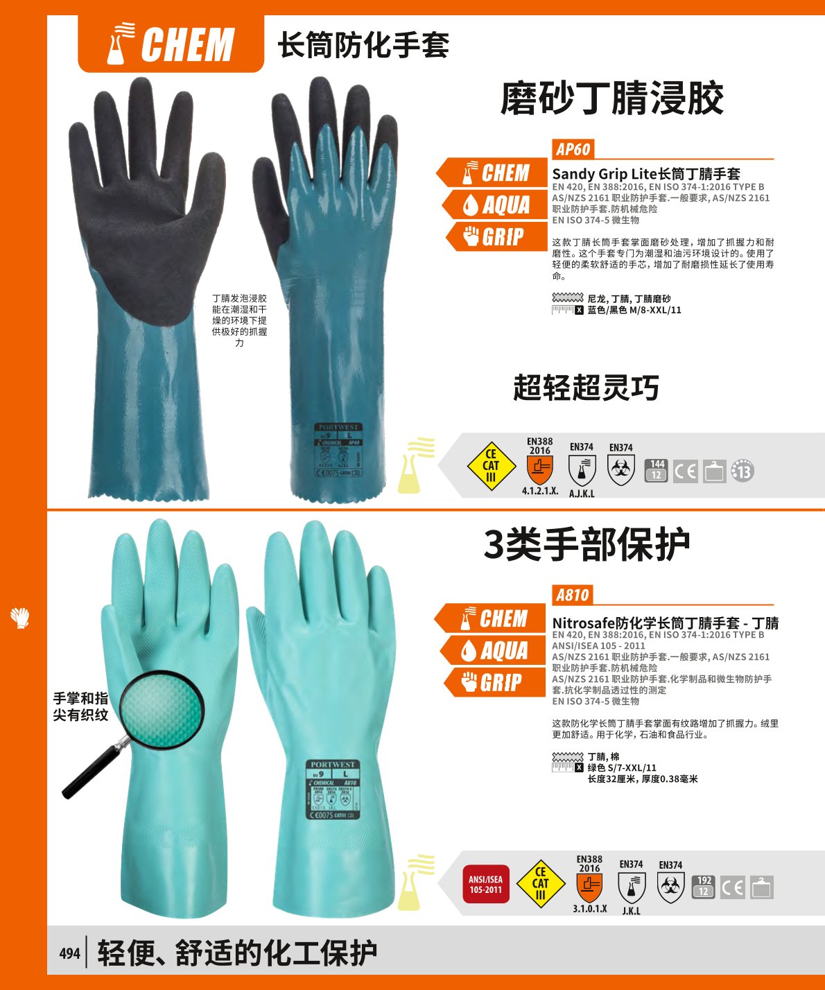 波偉斯特Portwest AP60 Sandy Grip Lite長(zhǎng)筒丁腈防化手套1