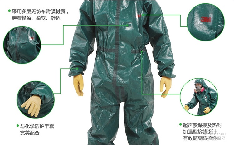 3M4680綠色帶帽連體防護服多層無紡布覆膜材質(zhì)