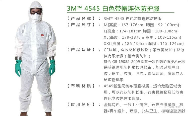 3M4545白色帶帽連體防護服新型材料制成